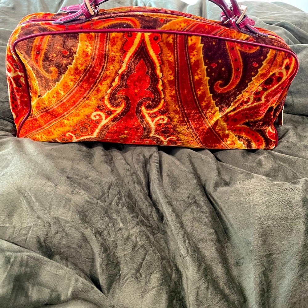 Etro Tapestry Velvet Velour Burgundy Leather Dual Strap Handbag Zippy Purse❤️🧡
